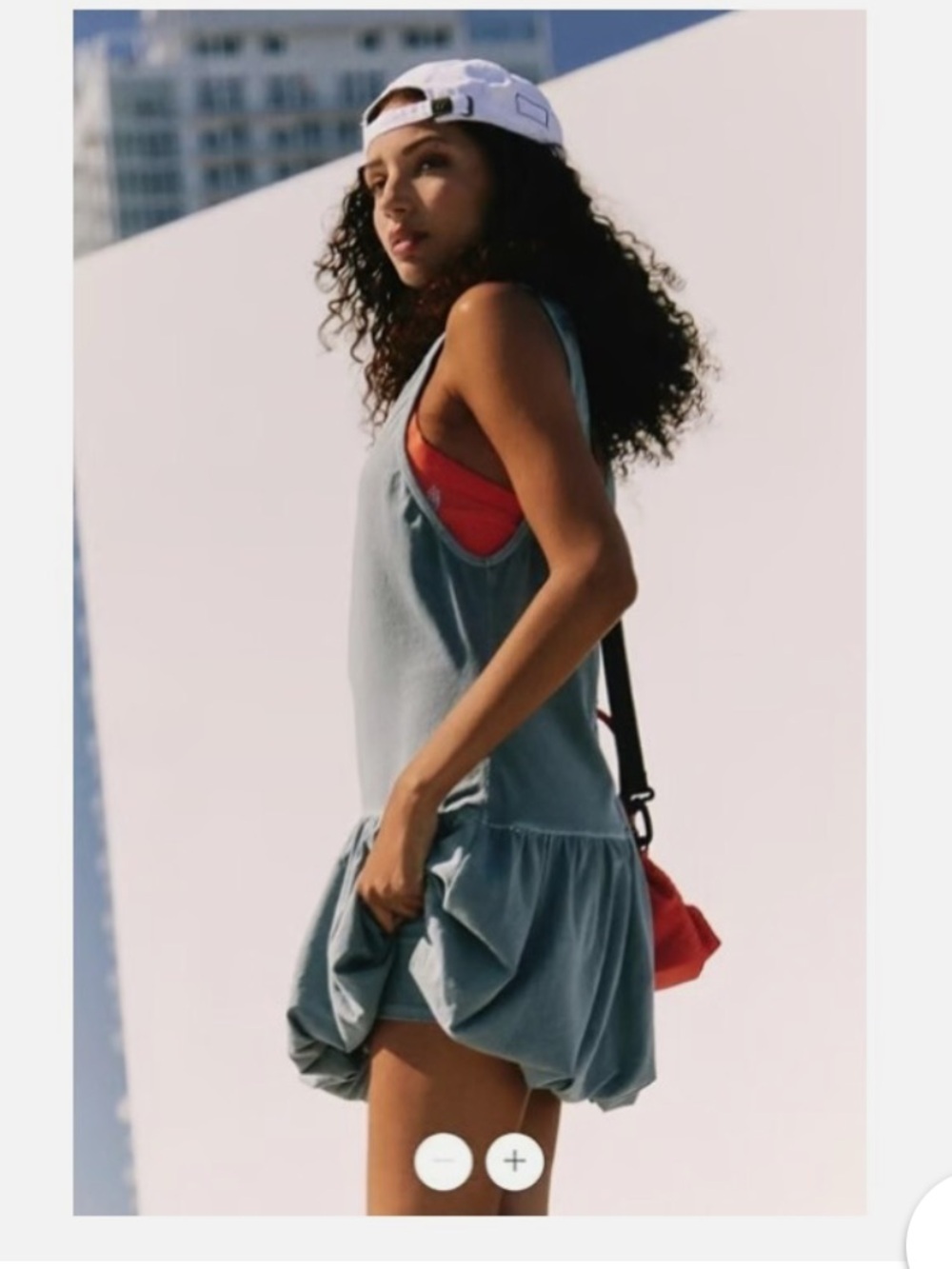 Free People sleeveless bubble dress in blue-gray with red accent
